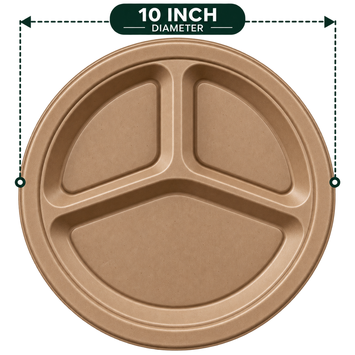 10 Inch 3-Compartment Round Plate - Brown premium bagasse empty front view