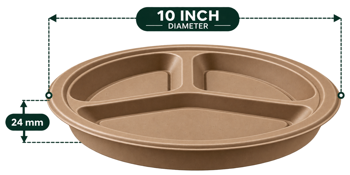 10 Inch 3-Compartment Round Plate - Brown premium bagasse side view