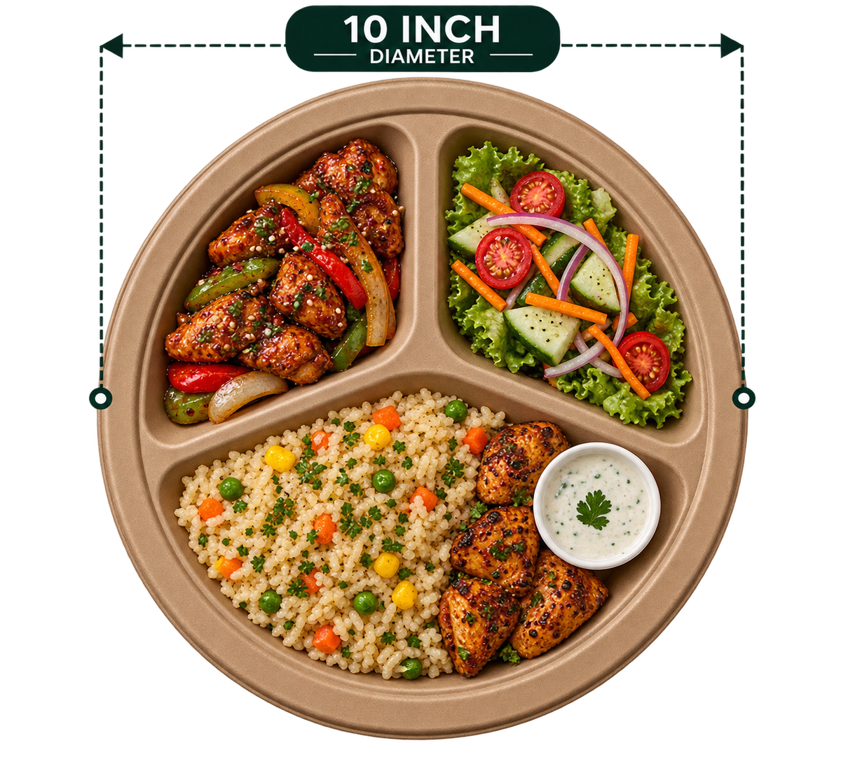 10 Inch 3-Compartment Round Plate - Brown premium bagasse plate with serving and size label