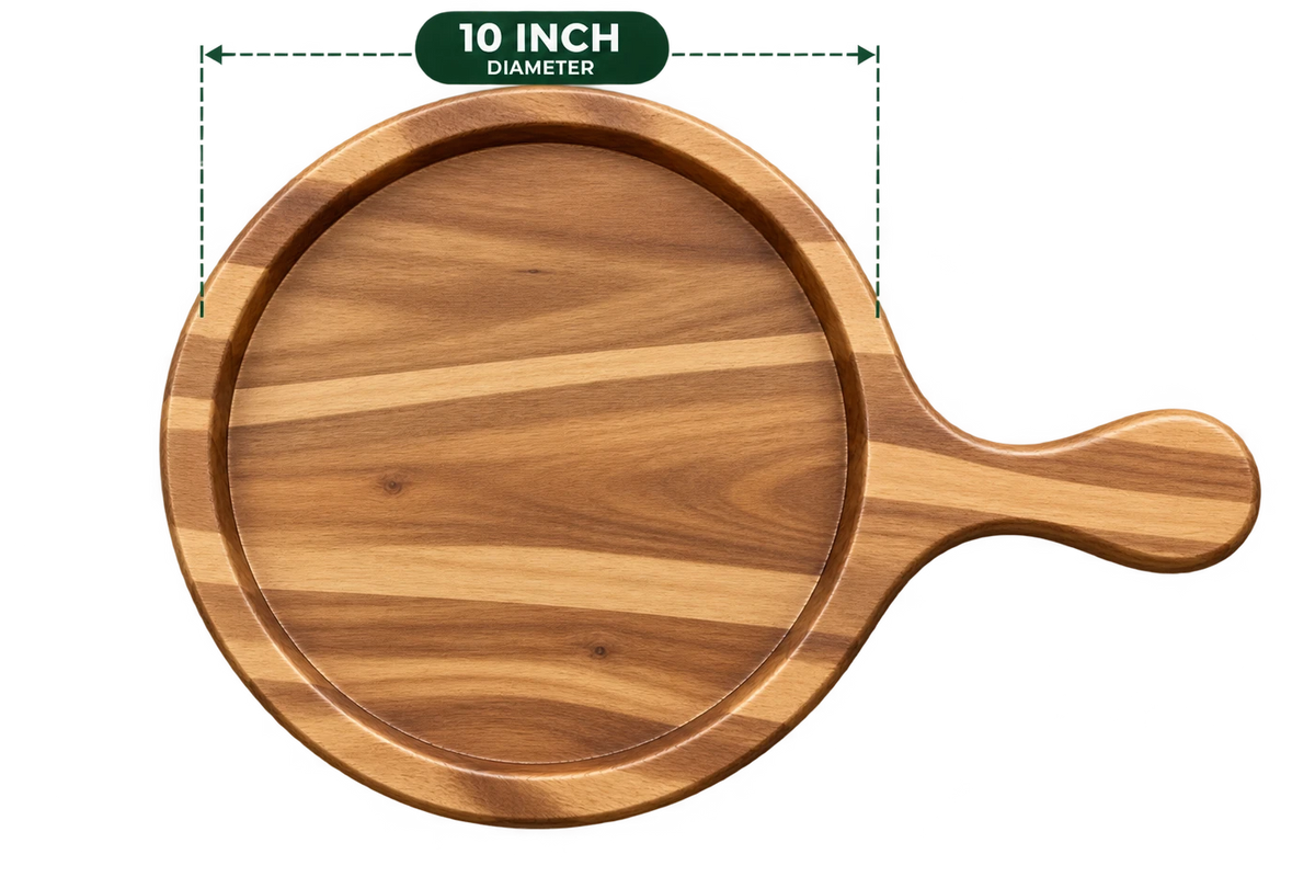 AnnServe Acacia Pizza Bat 10 Inch diameter empty wooden serving board with integrated handle; one wooden board only, no iron plate included