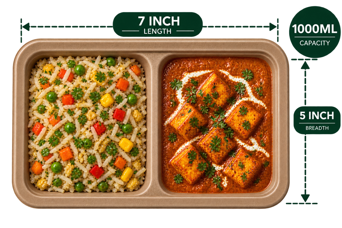 Premium bagasse 1000 ml 2-compartment container 50/50 top view with equal sections