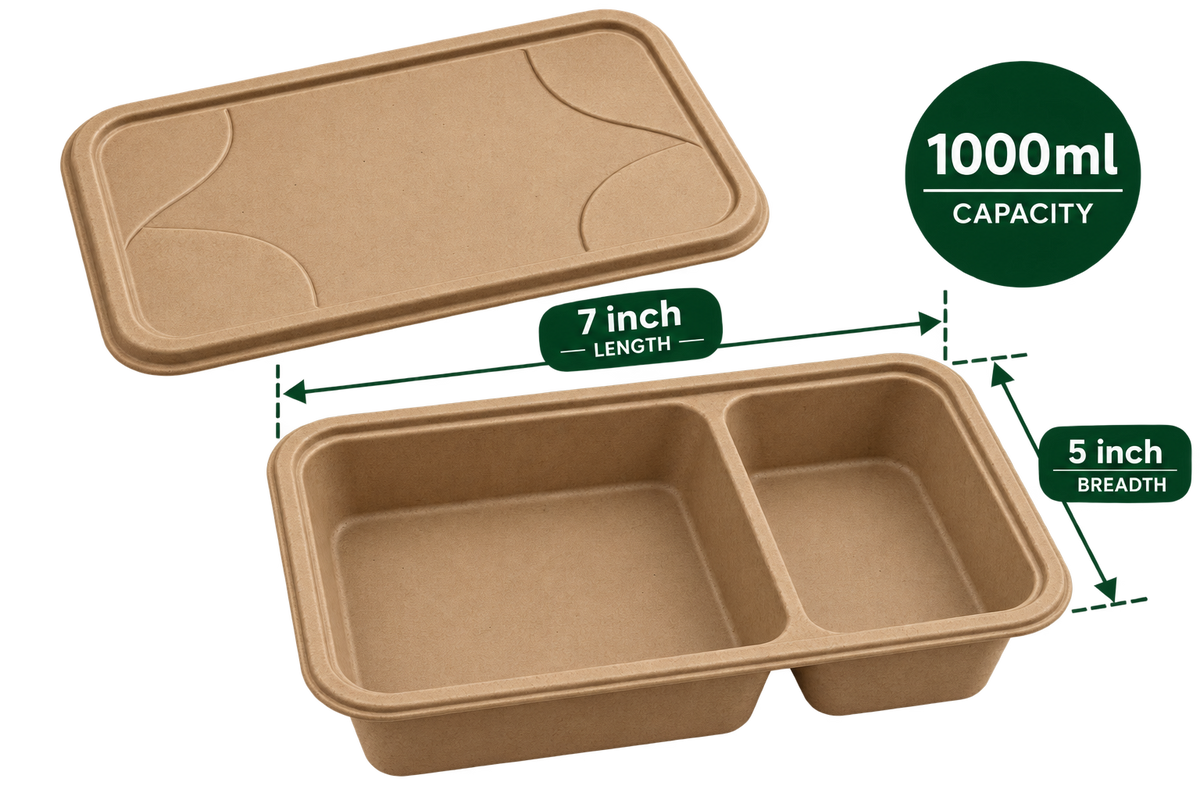 Premium bagasse 1000 ml 2-compartment container 70/30 front view