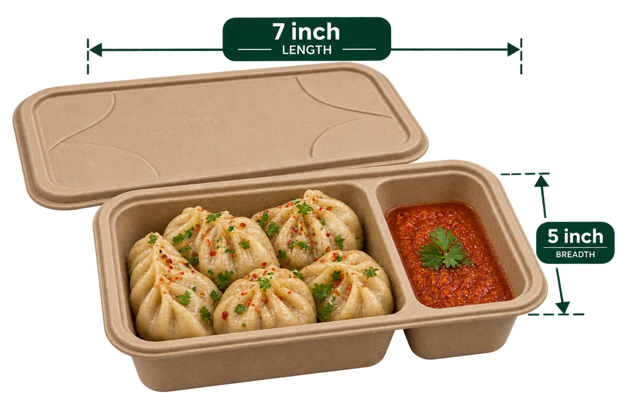Premium bagasse 1000 ml 2-compartment container 70/30 view with larger main section