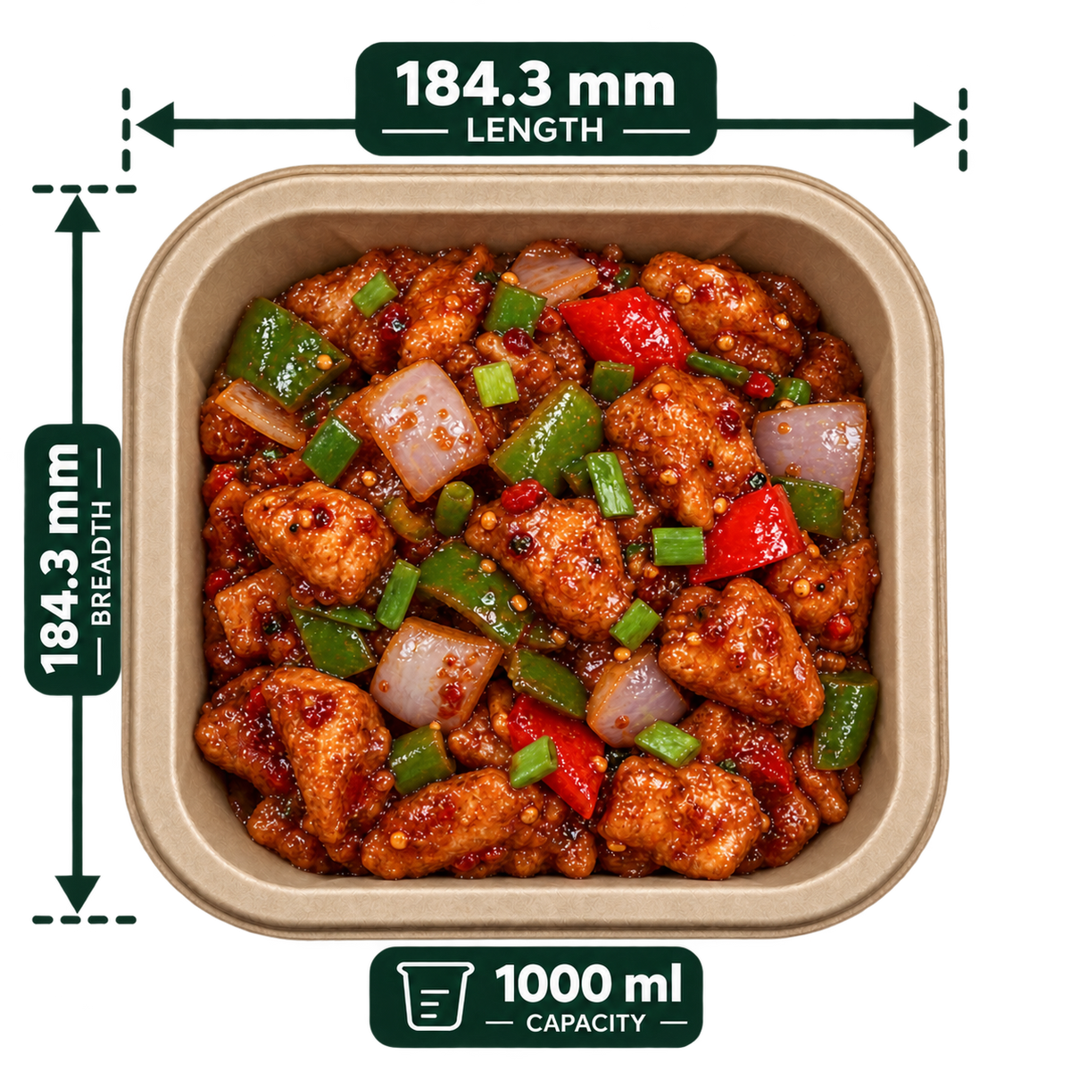 1000 ml premium bagasse delivery container, shown with food (serving suggestion; food not included)