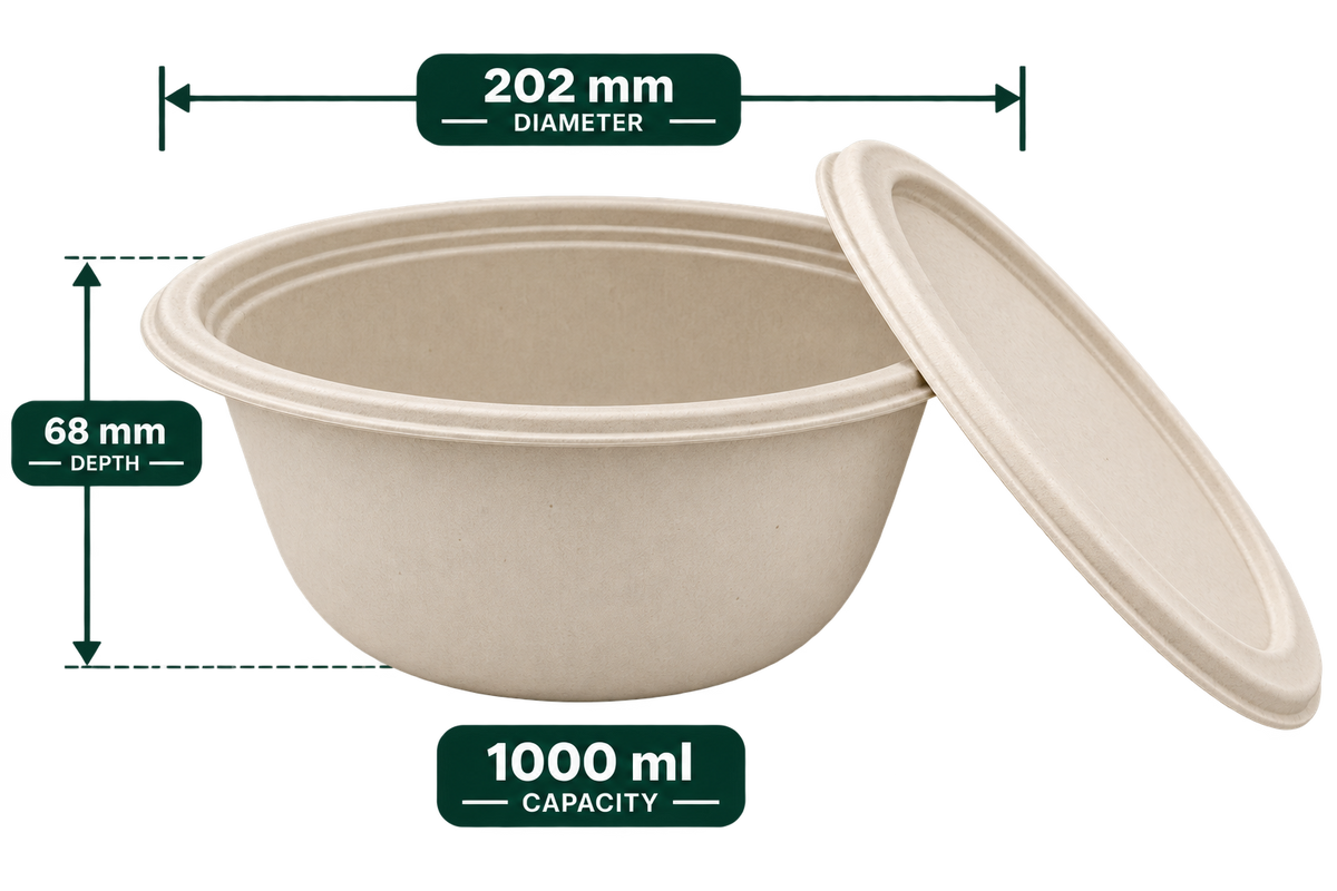 1000 ml white bagasse round bowl with lid - side view