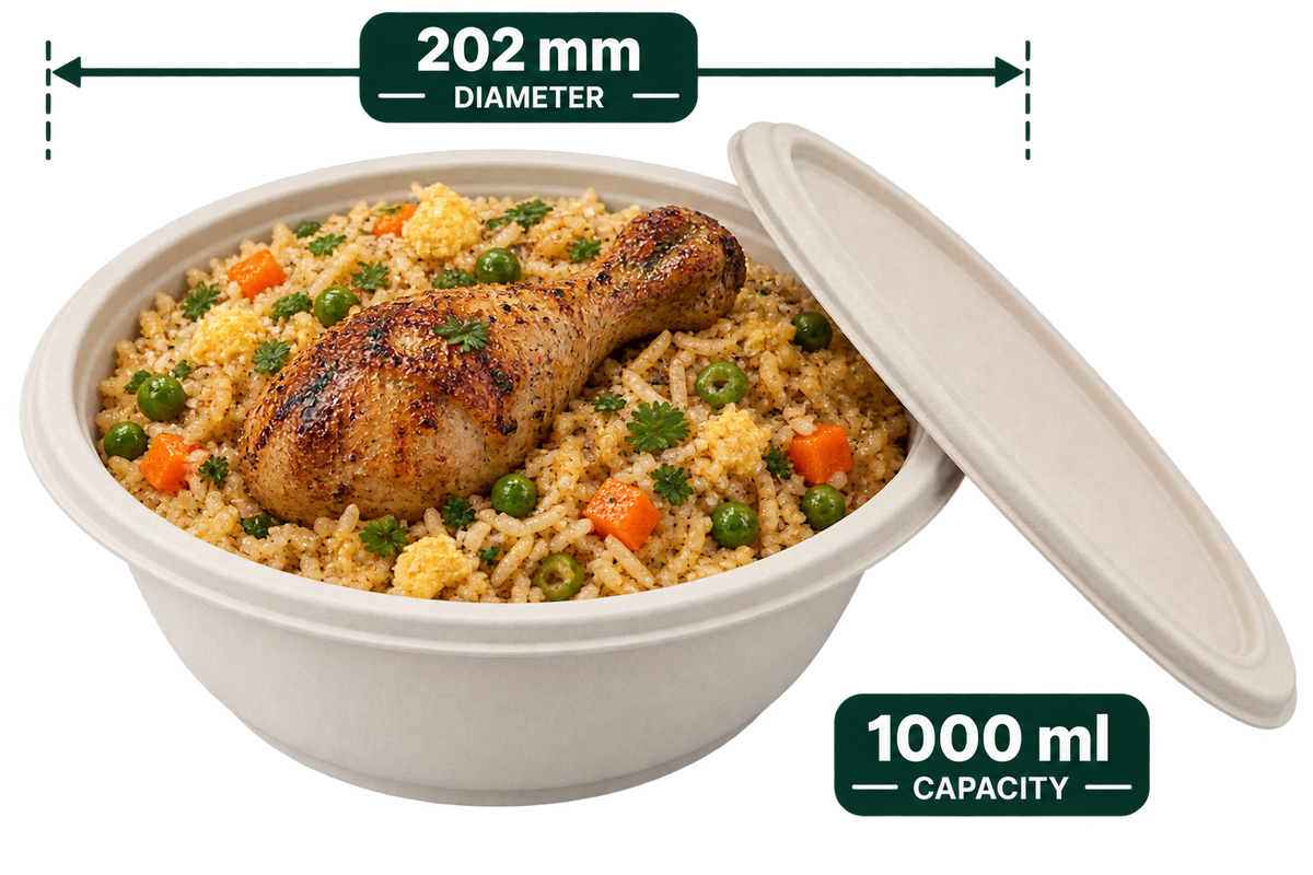 1000 ml white bagasse round bowl with lid, shown with food (serving suggestion; food not included)