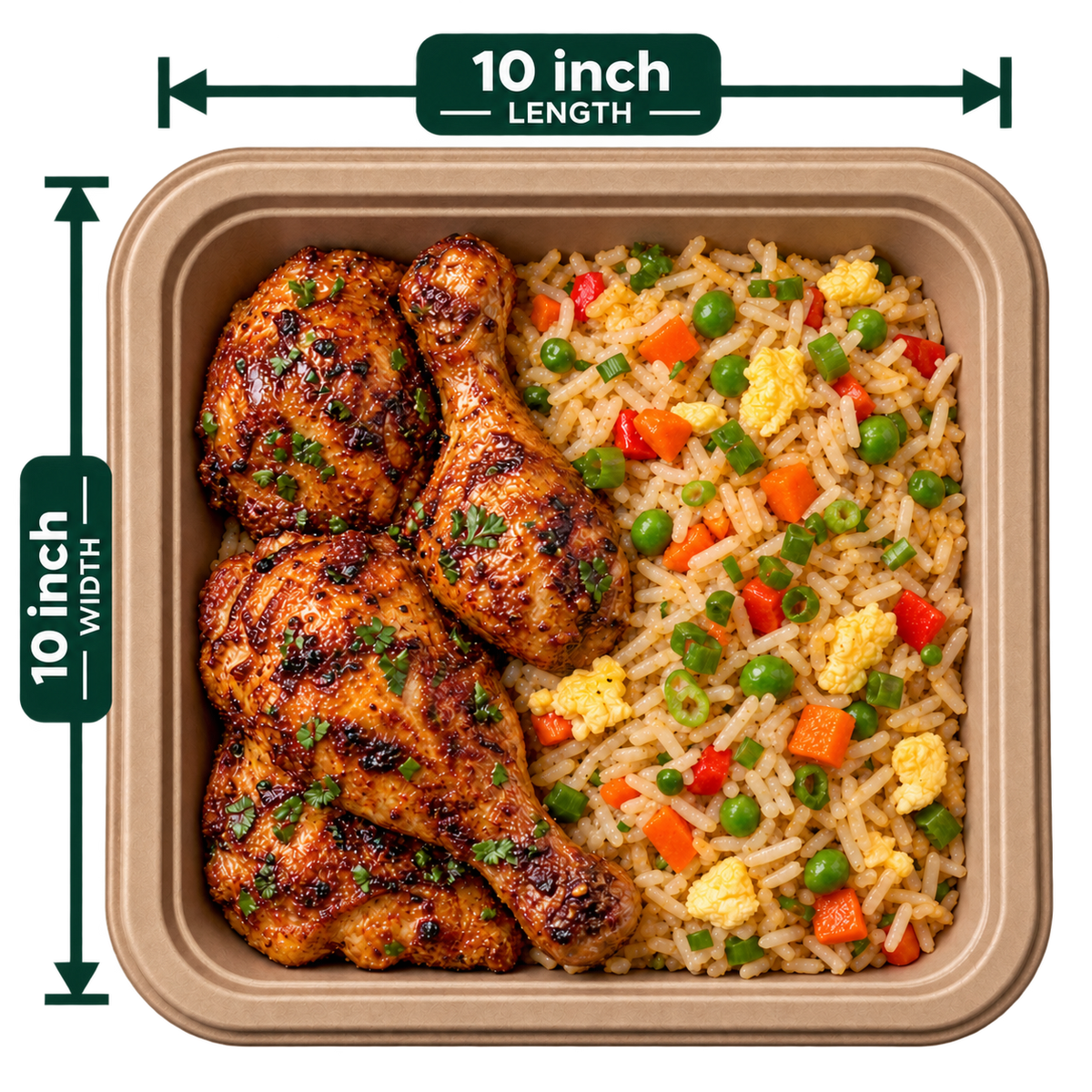 10 inch premium bagasse square plate, shown with food (serving suggestion; food not included)