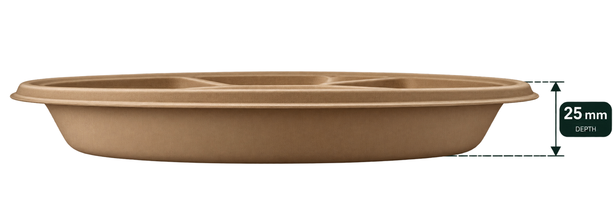 11 Inch 4-Compartment Premium Bagasse Round Plate - Brown - side view