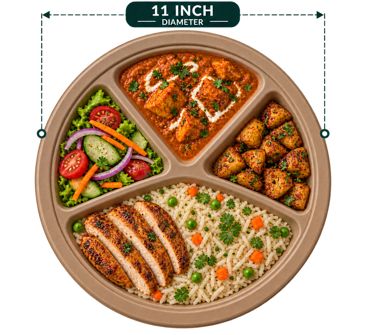 11 Inch 4-Compartment Premium Bagasse Round Plate - Brown - serving image with size label
