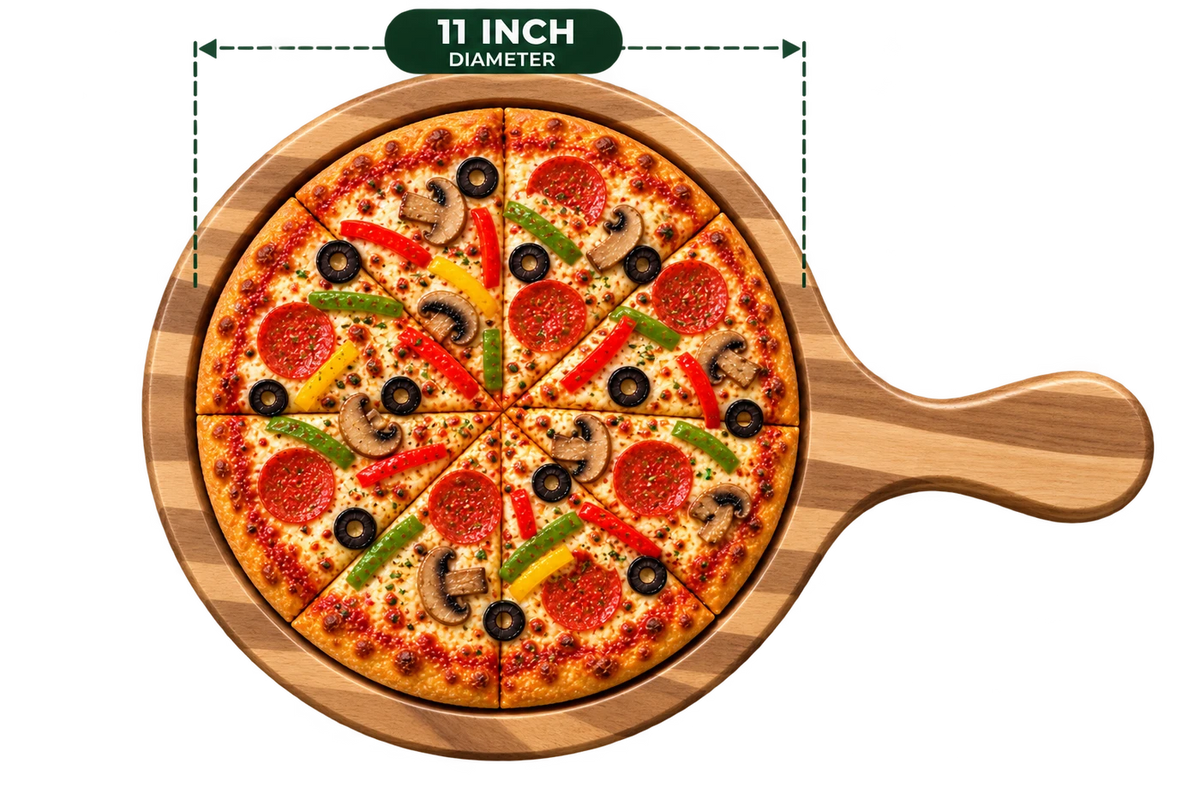 AnnServe Acacia Pizza Bat 11 Inch diameter serving presentation with pizza; food not included; one wooden board only, no iron plate included