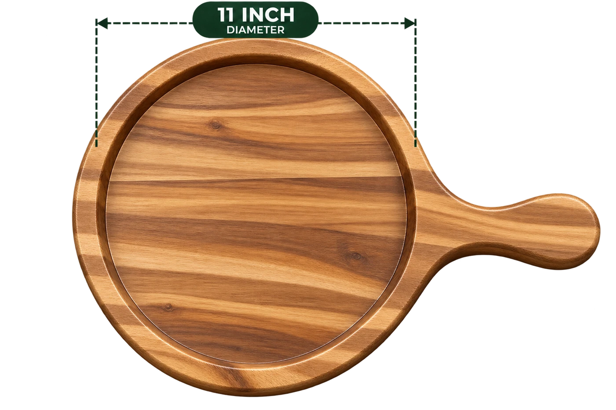 AnnServe Acacia Pizza Bat 11 Inch diameter empty wooden serving board with integrated handle; one wooden board only, no iron plate included