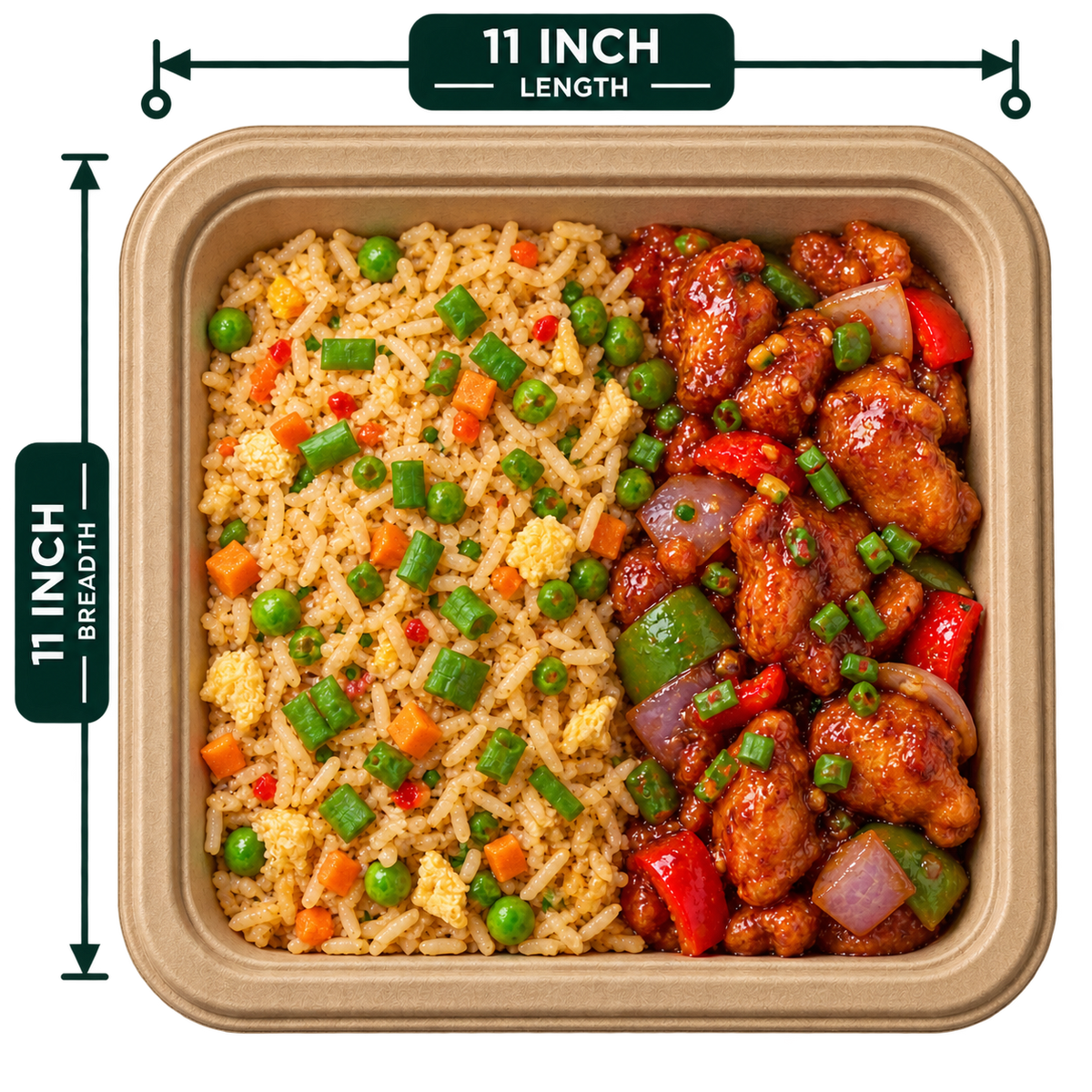 11 inch premium bagasse square plate, shown with food (serving suggestion; food not included)