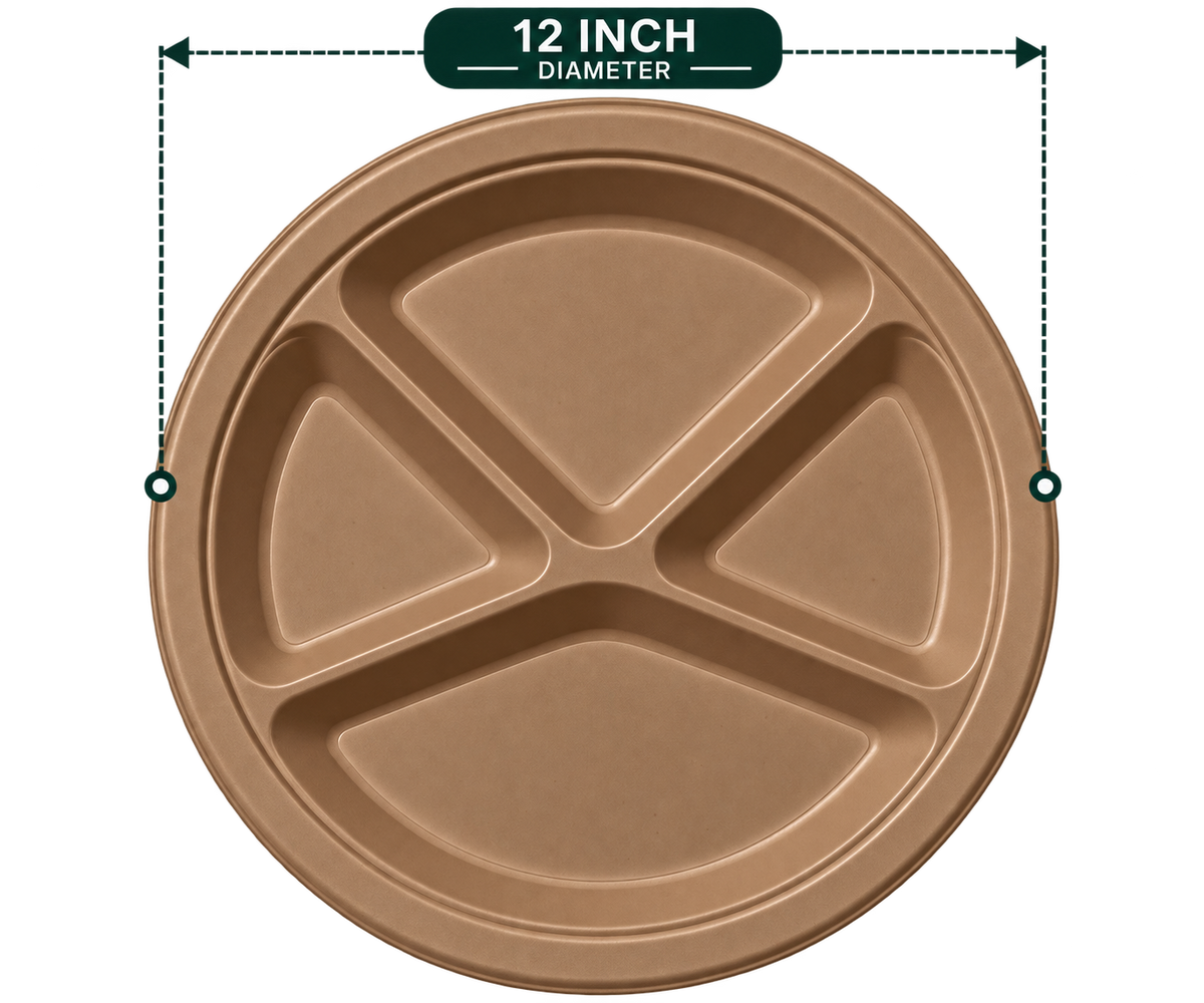 12 Inch 4-Compartment Premium Bagasse Round Plate - Brown - empty front view