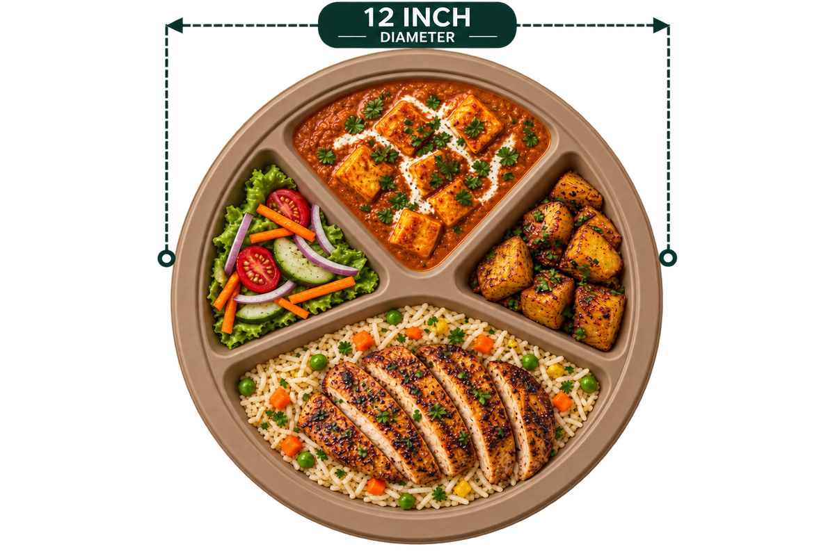 12 Inch 4-Compartment Premium Bagasse Round Plate - Brown - serving image with size label