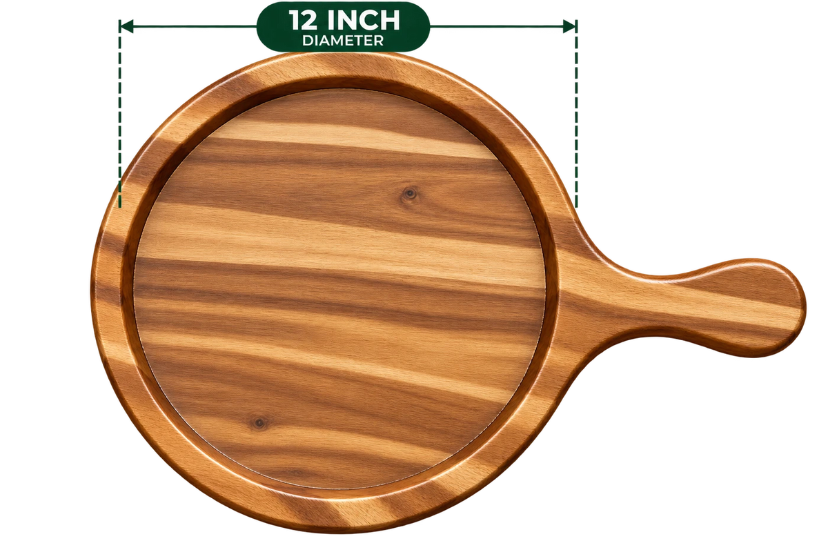 AnnServe Acacia Pizza Bat 12 Inch diameter empty wooden serving board with integrated handle; one wooden board only, no iron plate included