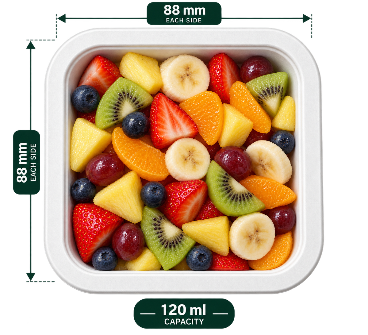 120 ml white bagasse kiwi bowl, shown with food (serving suggestion; food not included)