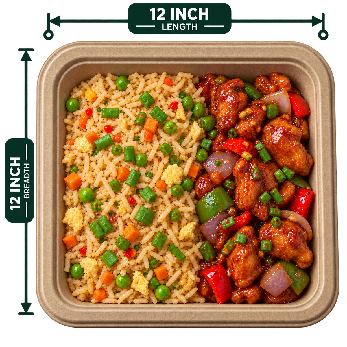 12 inch premium bagasse square plate, shown with food (serving suggestion; food not included)