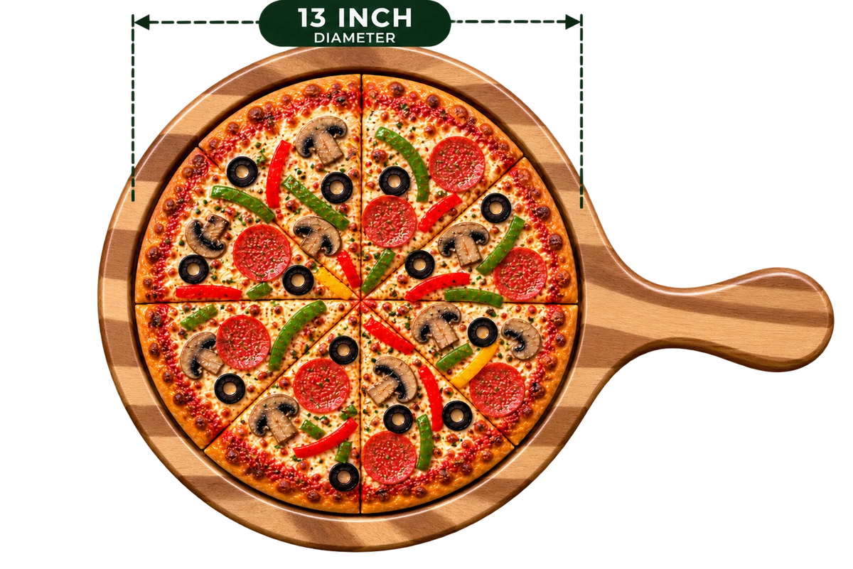 AnnServe Acacia Pizza Bat 13 Inch diameter serving presentation with pizza; food not included; one wooden board only, no iron plate included