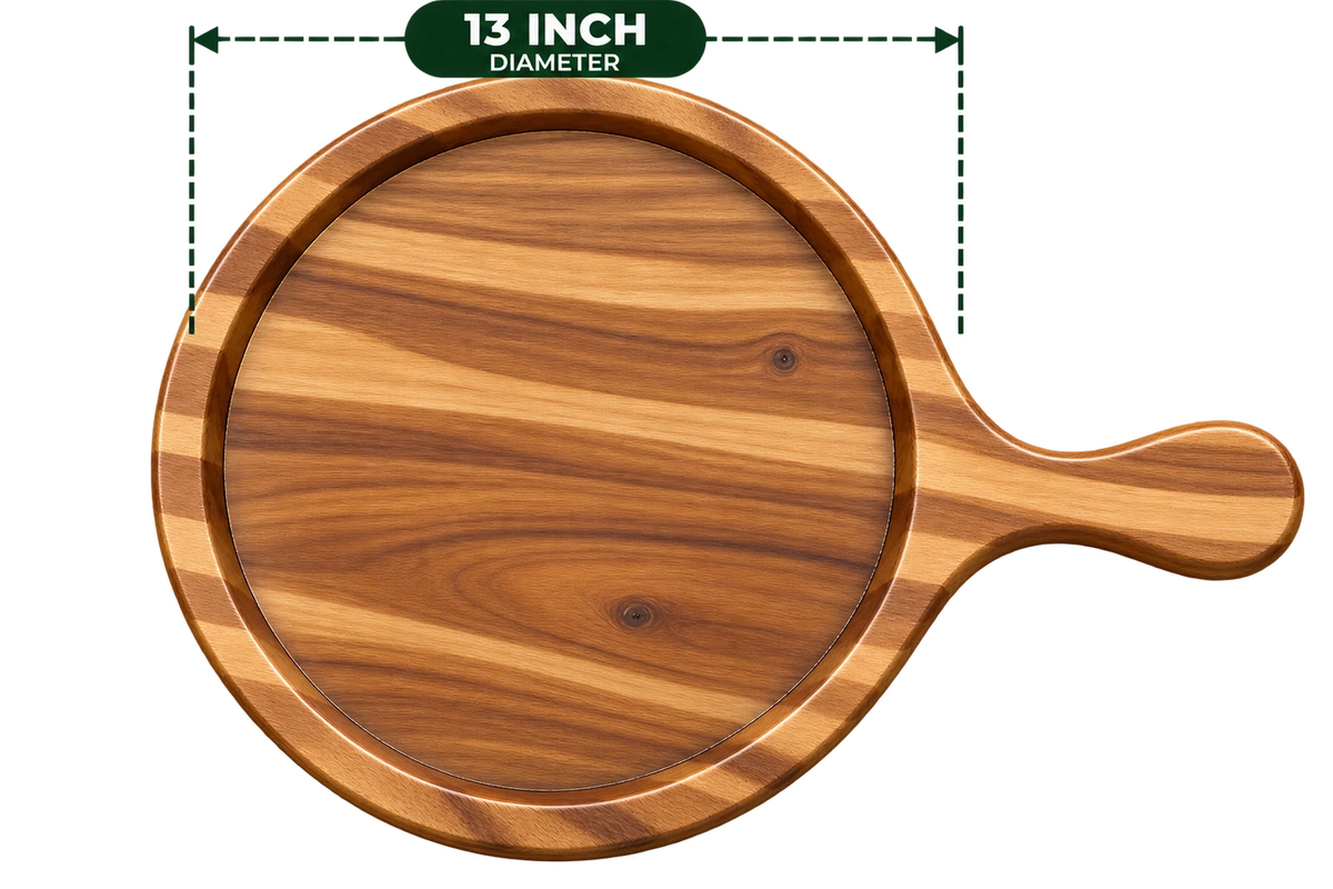 AnnServe Acacia Pizza Bat 13 Inch diameter empty wooden serving board with integrated handle; one wooden board only, no iron plate included