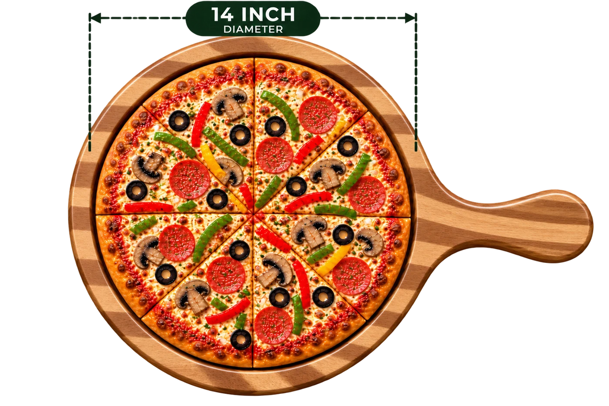 AnnServe Acacia Pizza Bat 14 Inch diameter serving presentation with pizza; food not included; one wooden board only, no iron plate included
