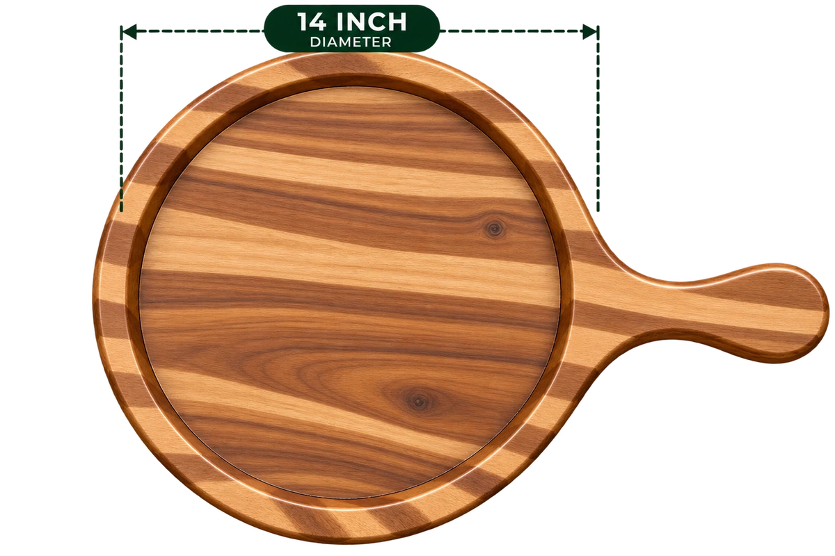AnnServe Acacia Pizza Bat 14 Inch diameter empty wooden serving board with integrated handle; one wooden board only, no iron plate included