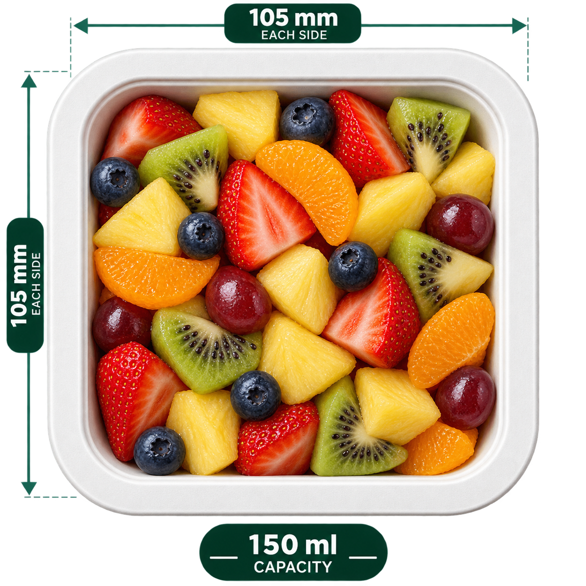 150 ml white bagasse dona square bowl, shown with food (serving suggestion; food not included)