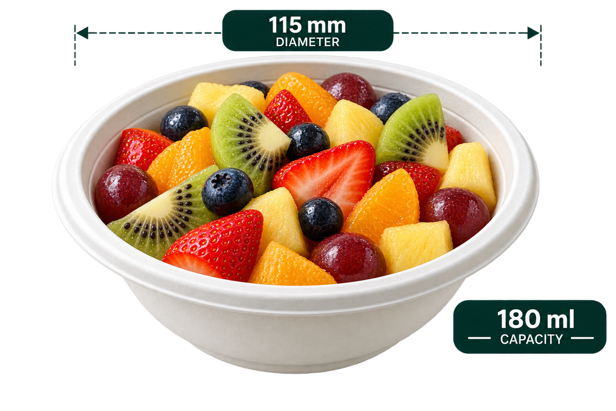 180 ml white bagasse round bowl, shown with food (serving suggestion; food not included)