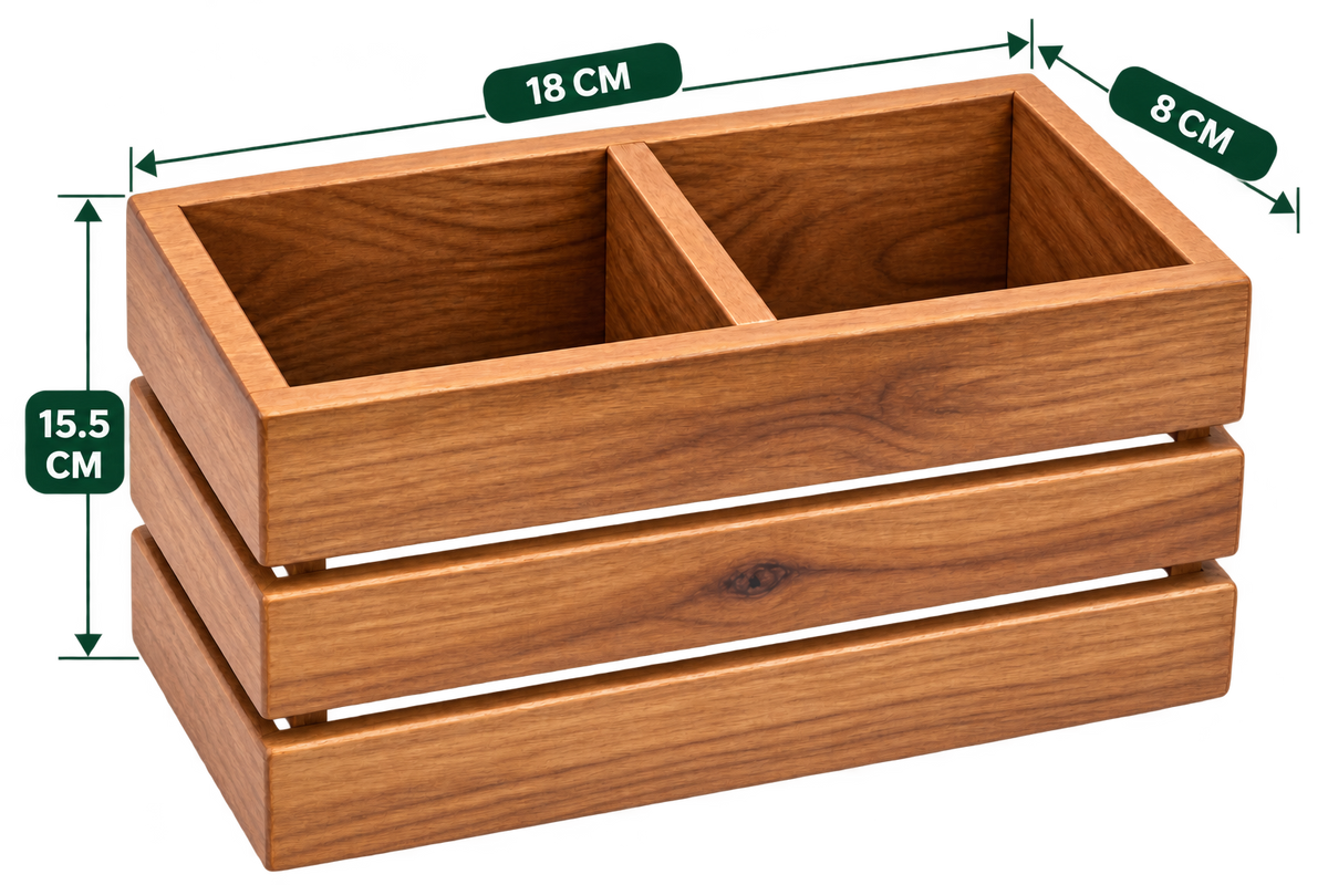 2-Compartment Cutlery Holder 7.1 inch length wooden organiser empty view