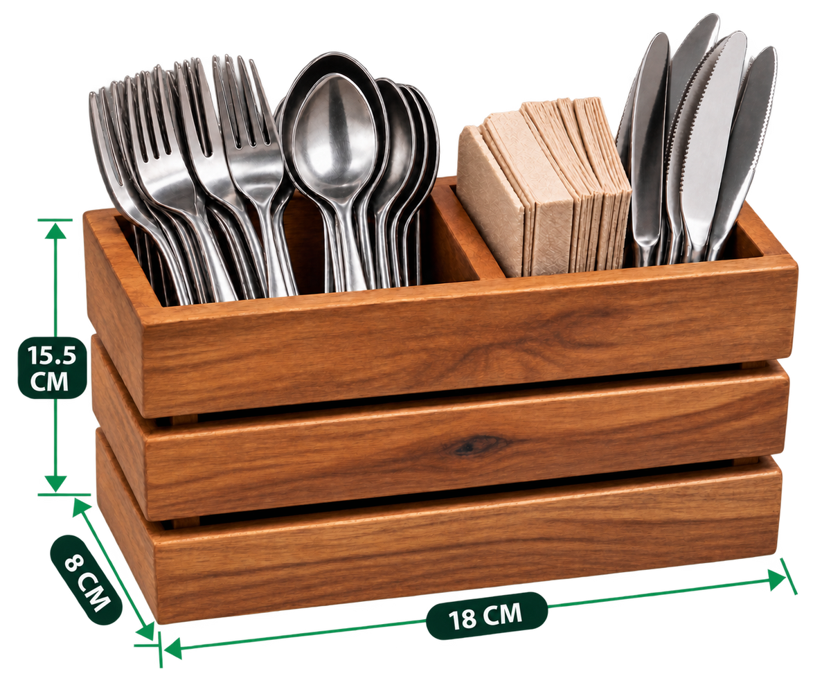 2-Compartment Cutlery Holder 7.1 inch length wooden organiser with cutlery and napkins shown for presentation only