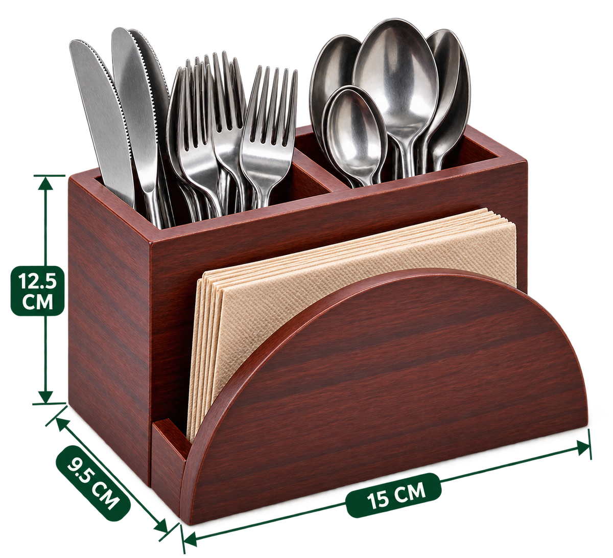 2-in-1 Caddy 5.9 inch length wooden cutlery and napkin organiser with accessories shown for presentation only