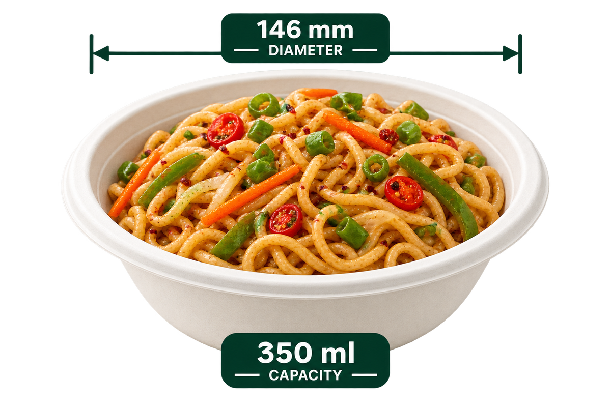 350 ml white bagasse round bowl, shown with food (serving suggestion; food not included)