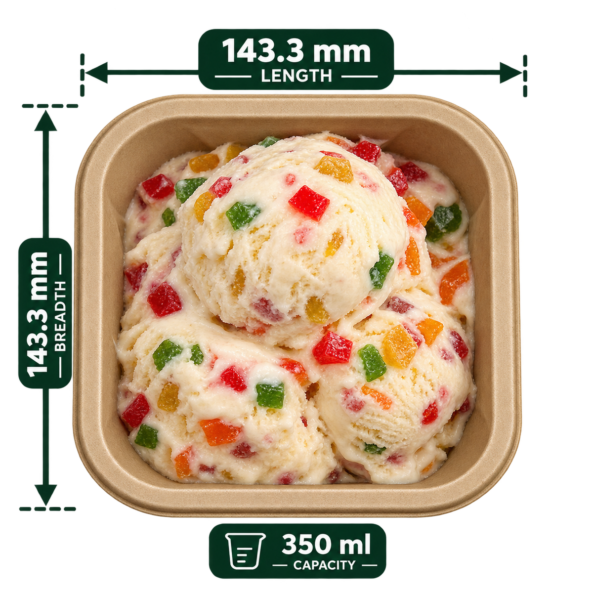 350 ml premium bagasse delivery container, shown with food (serving suggestion; food not included)