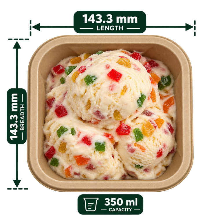 350 ml premium bagasse delivery container, shown with food (serving suggestion; food not included)