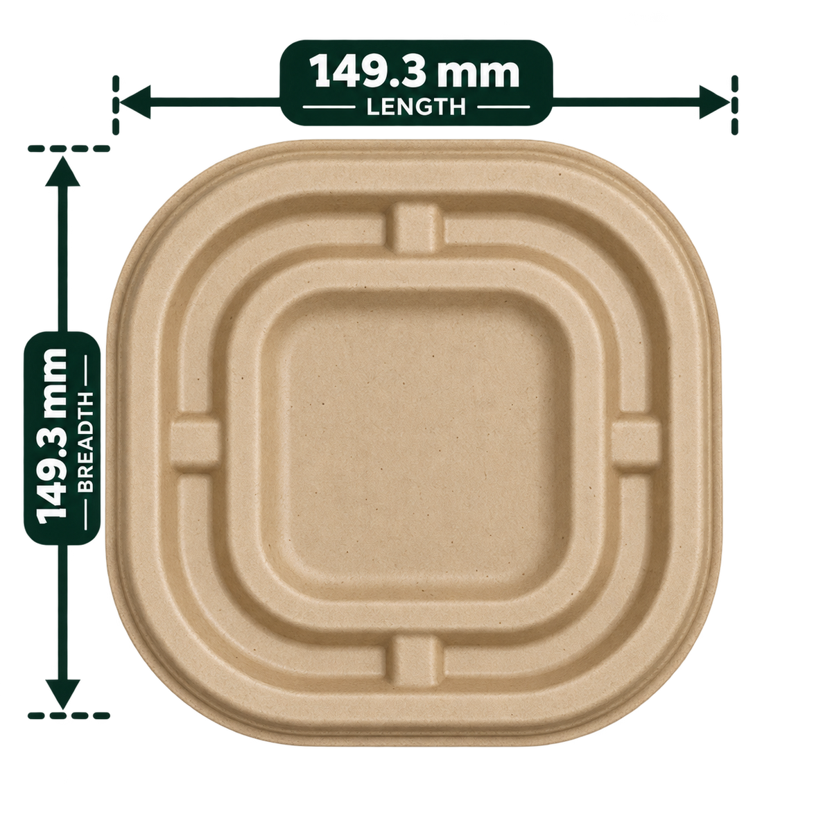 Brown bagasse delivery container lid for 350 ml and 500 ml containers, 149.3 mm x 149.3 mm
