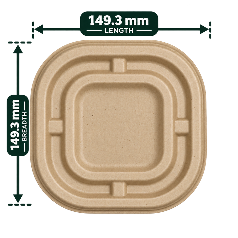 Brown bagasse delivery container lid for 350 ml and 500 ml containers, 149.3 mm x 149.3 mm