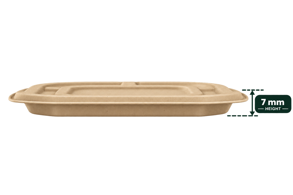 Side view of brown bagasse delivery container lid for 350 ml and 500 ml containers, 7 mm height