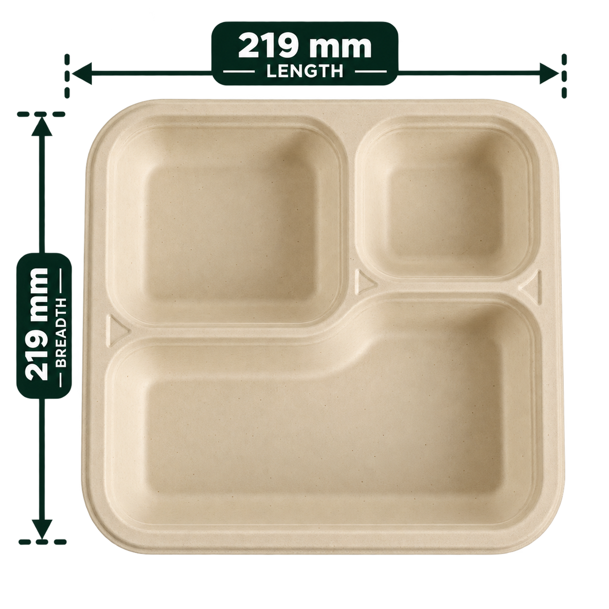 Premium bagasse meal tray 3 CP front view showing three compartments