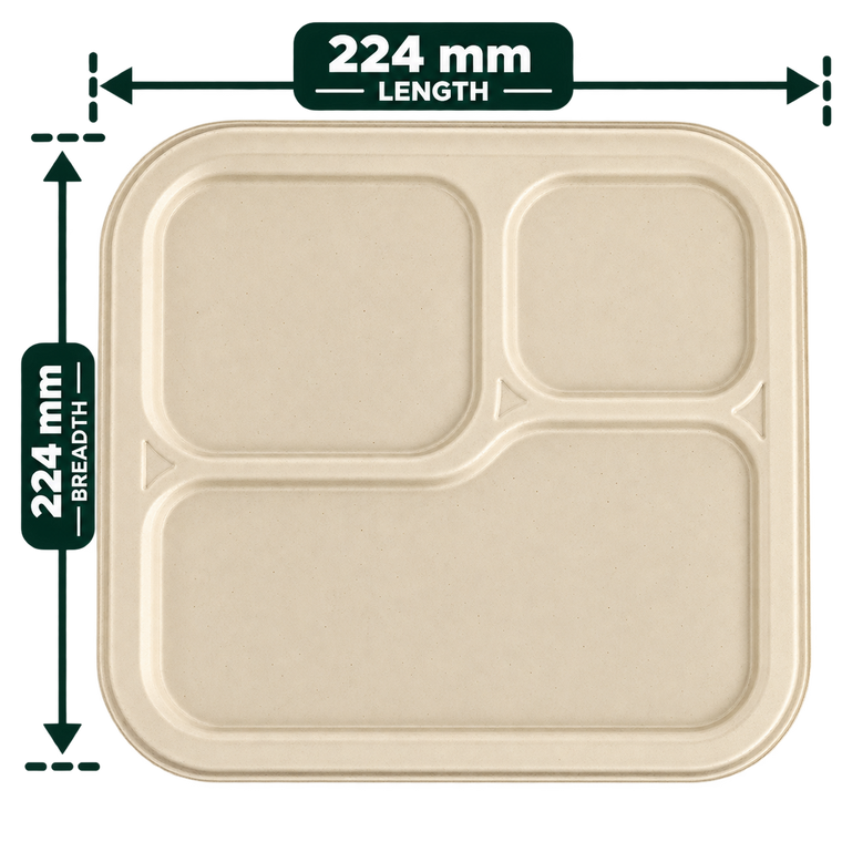 Brown bagasse lid for 3-compartment meal tray, 224 mm x 224 mm