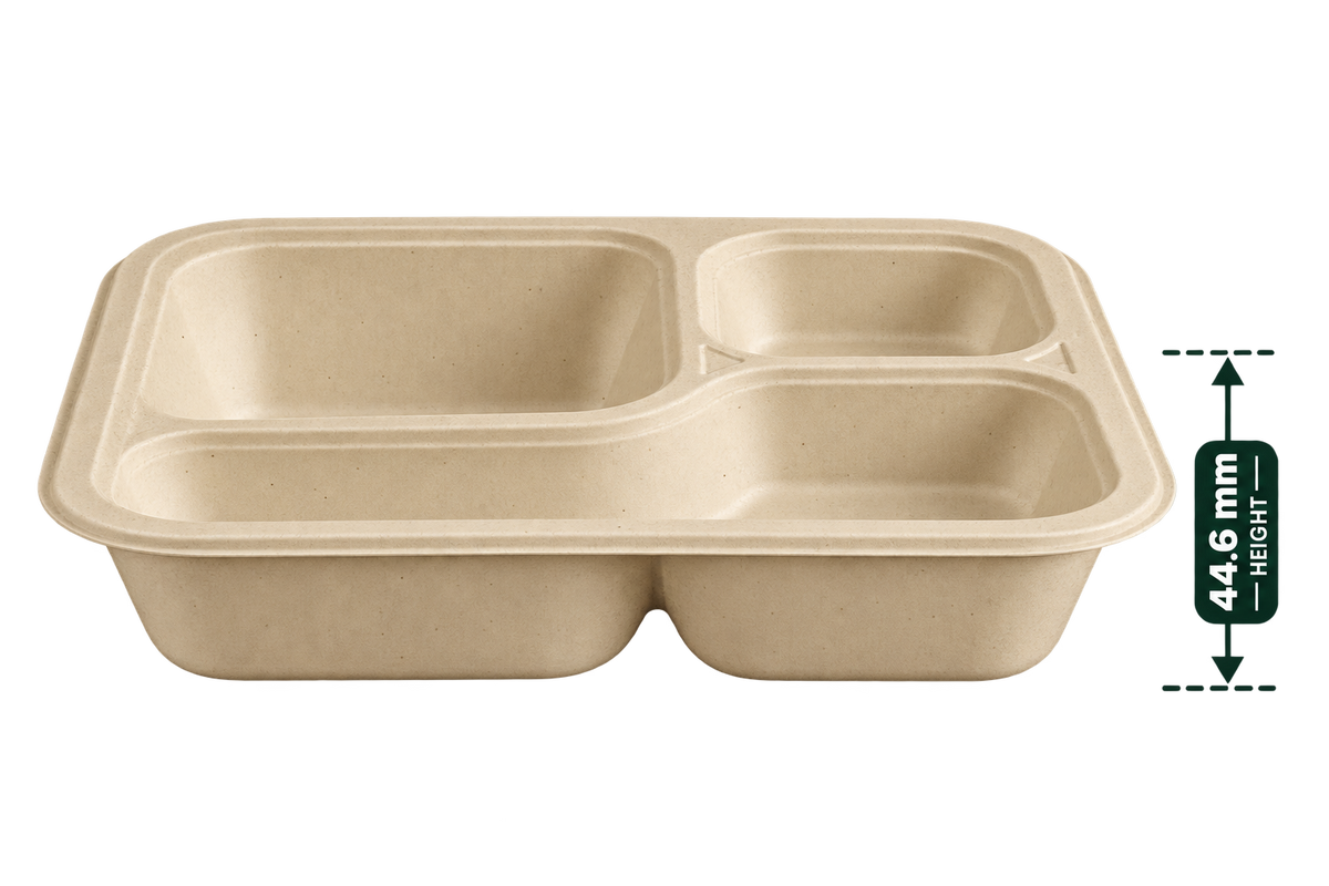Premium bagasse meal tray 3 CP side view showing tray depth