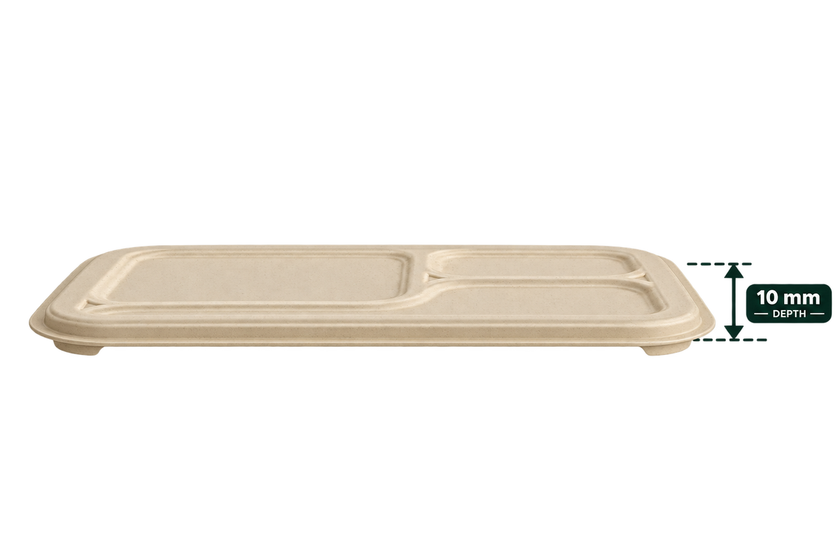 Side view of brown bagasse 3-compartment meal tray lid, 10 mm height