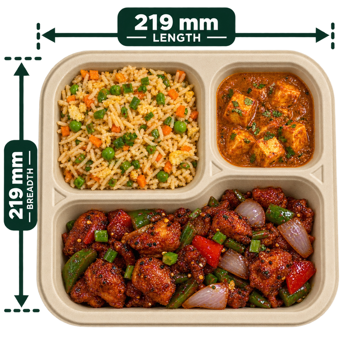 Premium bagasse meal tray 3 CP top view with three separate food compartments