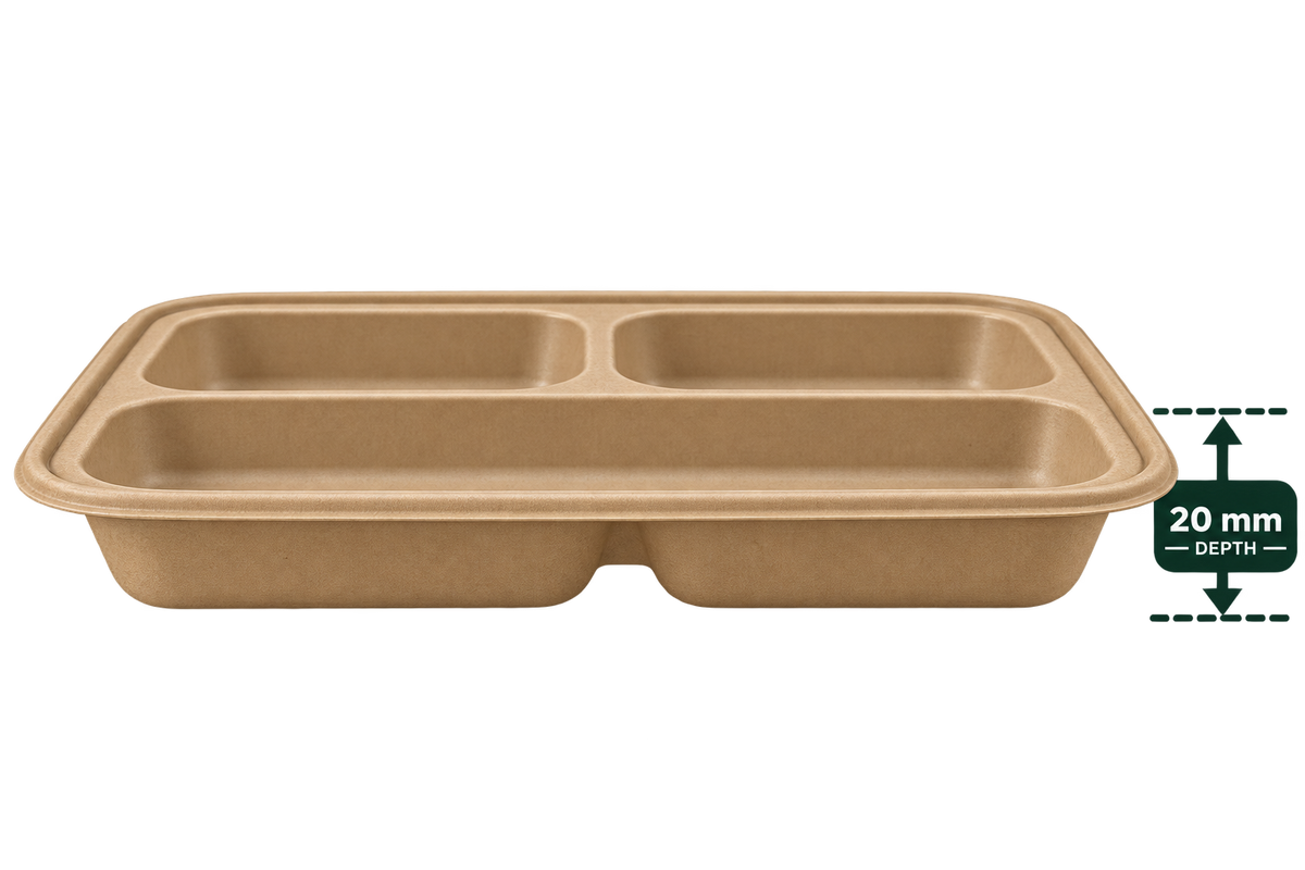 AnnServe 3 Compartment Premium Bagasse Chombo Meal Tray - Brown - side view