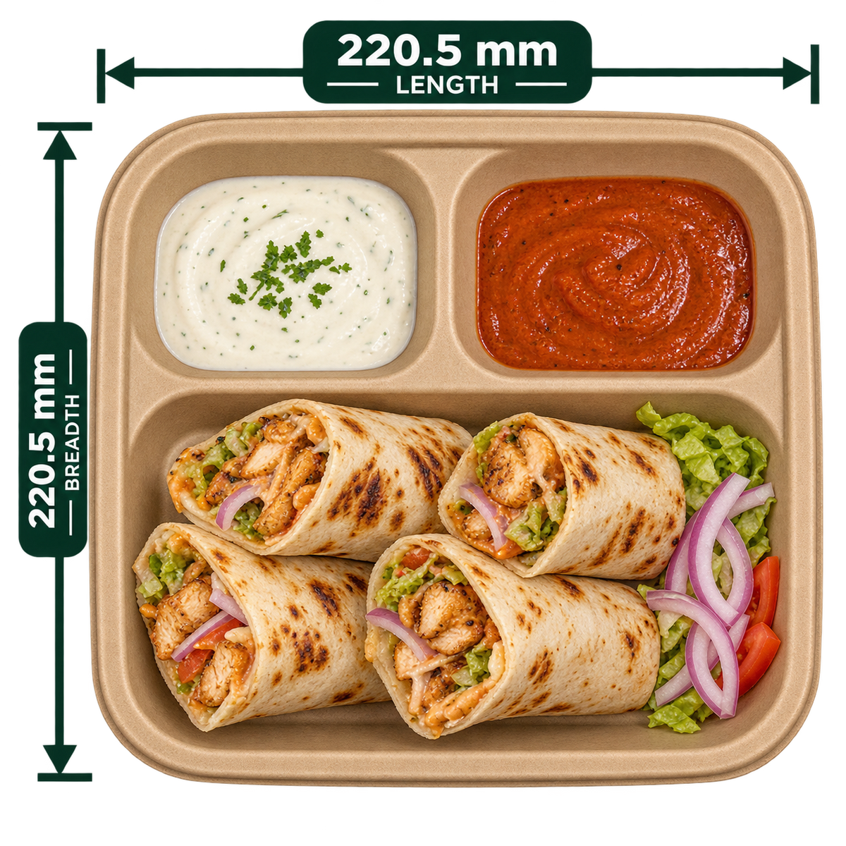 AnnServe 3 Compartment Premium Bagasse Chombo Meal Tray - Brown - serving view