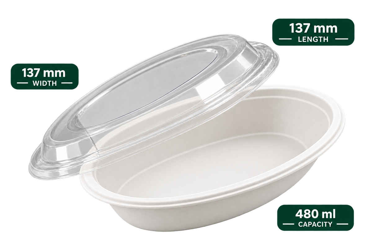 480 ml white bagasse burrito oval bowl with lid - top view