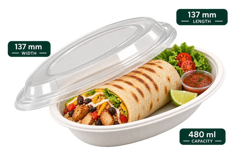 480 ml white bagasse burrito oval bowl with lid, shown with food (serving suggestion; food not included)
