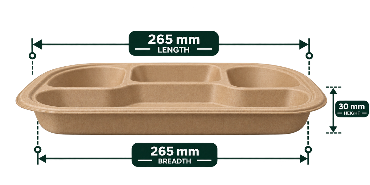 AnnServe 4 Compartment Premium Bagasse Chausar Meal Tray - Brown - side view