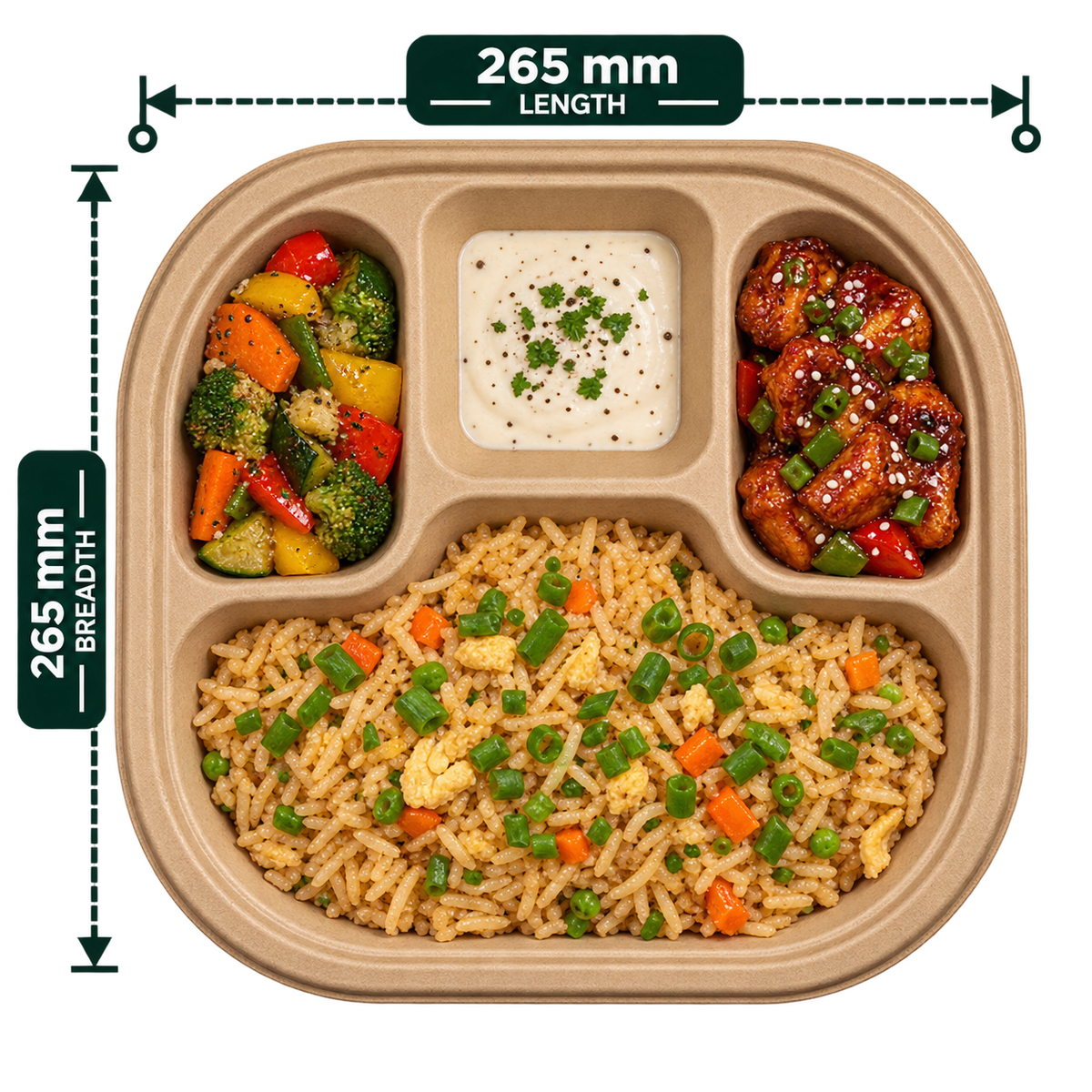AnnServe 4 Compartment Premium Bagasse Chausar Meal Tray - Brown - serving view
