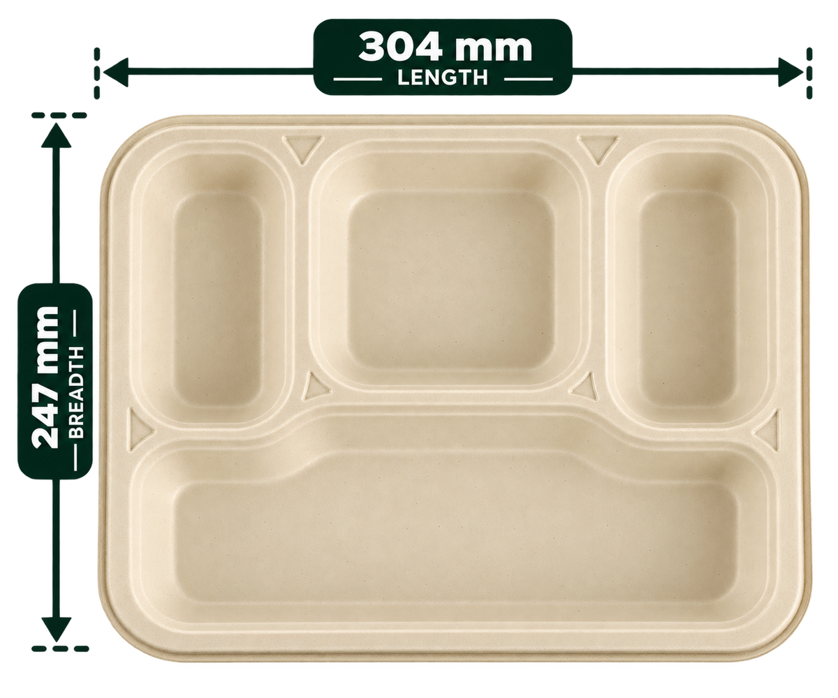 Premium bagasse meal tray 4 CP front view showing four compartments