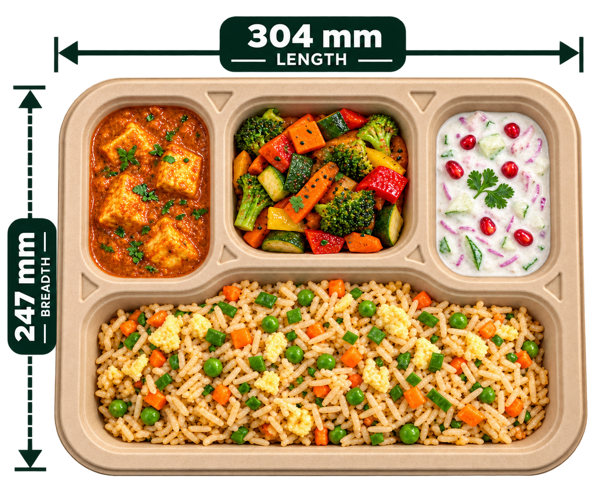 Premium bagasse meal tray 4 CP top view with four separate food compartments