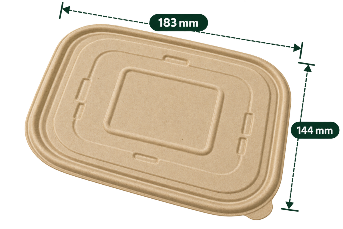 Brown bagasse anti leak rectangle container lid for 500 ml container, 183 mm x 144 mm